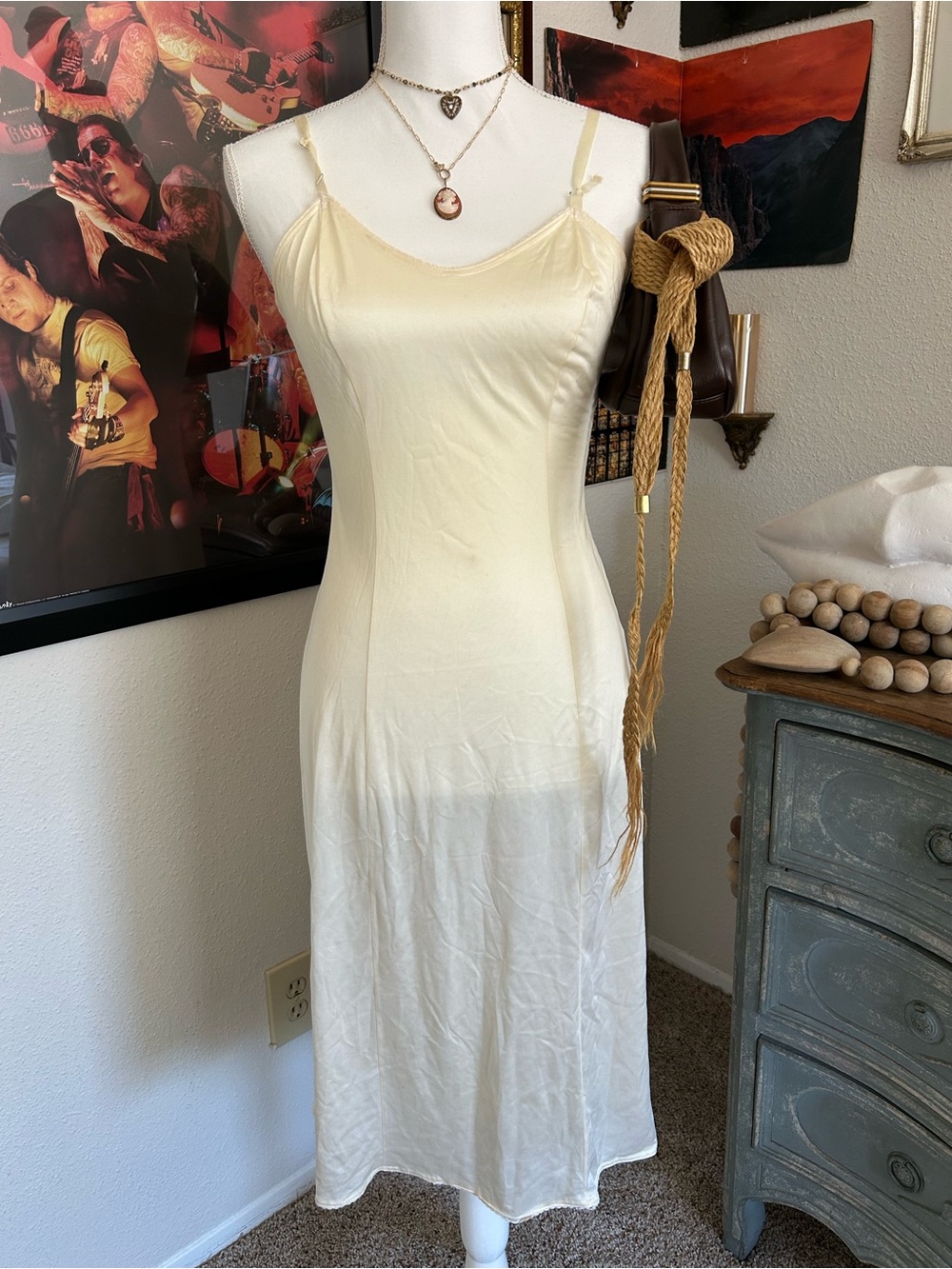 Vintage 90s Satin Slip Dress Size XS Ivory Slinky Dainty Feminine Romantic Y2K